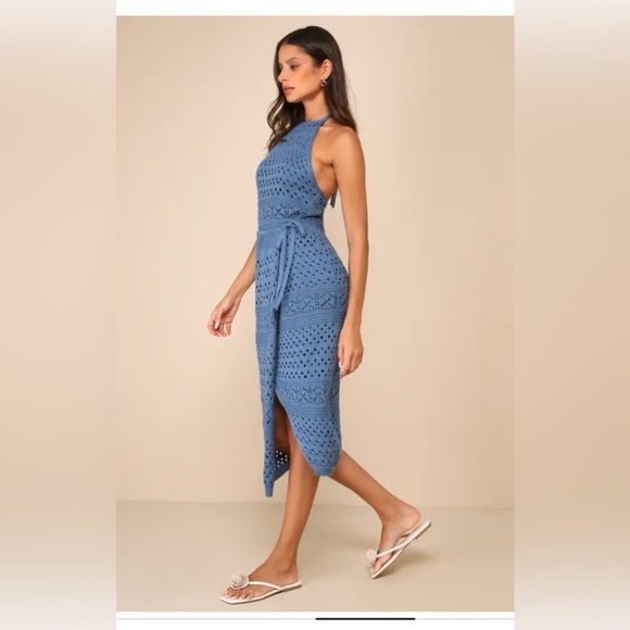 NEW! Lulus Blissful Strolls Slate Blue Crochet Faux-wrap Halter Midi Dress, M - Picture 4 of 4
